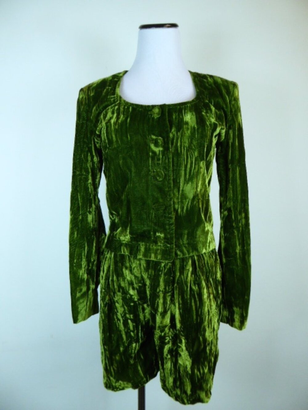 VINTAGE BETSEY JOHNSON Punk green VELVET JACKET SHORT Set ensemble 80s 2 4 - Picture 1 of 11